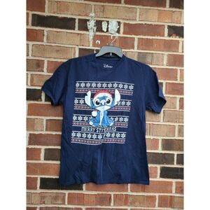 Disney Stitch Merry Stitchmas Ugly Christmas Sweater Style Navy T Shirt Womens L